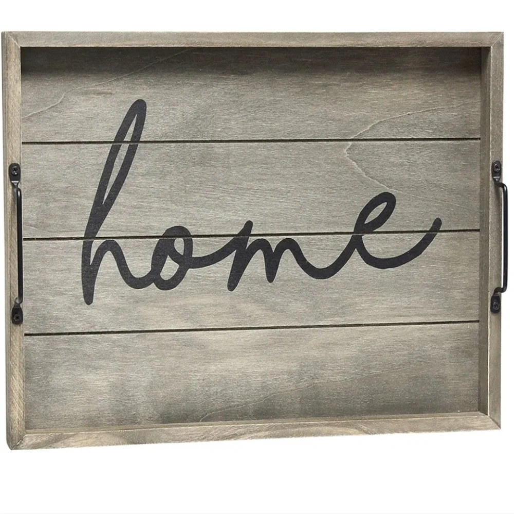 Rustic Gray Wooden Tray with 'Home' Script